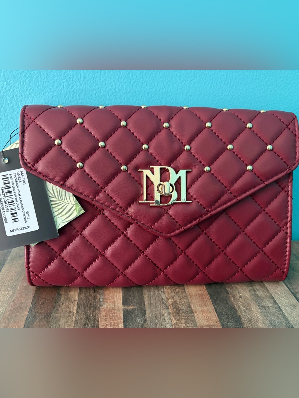 Badgley Mischka Quilted Clutch/Crossbody in Burgundy with Gold Hardware NWT